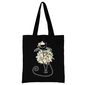 Schwarze Canvas-Einkaufstasche mit niedlichem schwarzem Katzen- und Blumenmuster