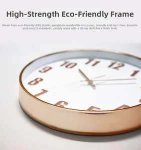 Detail of rose gold silent wall clock showing 3D numbers and sleek ABS plastic frame