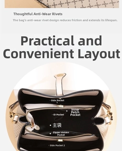 Detail of beige bucket bag interior with multiple pockets and protective bottom rivets