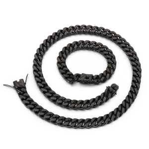 Men's black stainless steel Cuban link necklace and bracelet set with box clasp