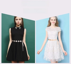 Detail of metal circle chain belt styled on black and white dresses for women