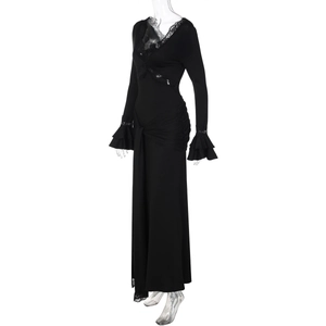 Detail of V-neck lace trim and ruffle sleeves on black slim fit maxi dress