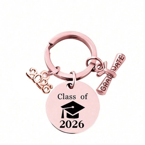 Rose gold Class of 2026 graduation keychain with graduate scroll and 2026 charms