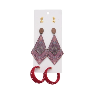 6-piece ethnic wooden fabric earrings set with geometric diamond and round drops