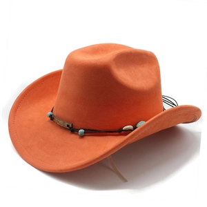 Macro view of orange suede cowboy hat with turquoise beads and black cord hatband