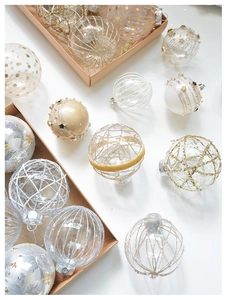 Close-up of elegant champagne mesh Christmas tree ornaments with sequins and pearls