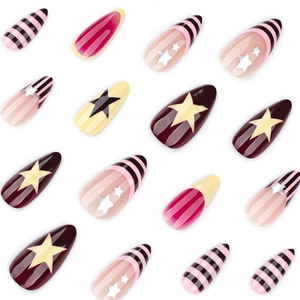 Almond stiletto press-on nails with star patterns and red-pink striped designs