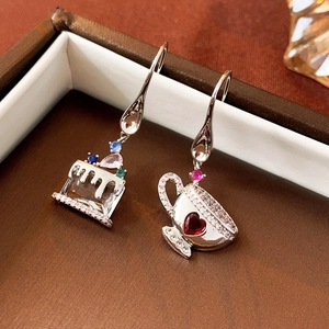 Asymmetric Teacup And Cake Dangle Earrings With Copper Multi Color Zirconia And Steel Earring Post Women Vintage Style
