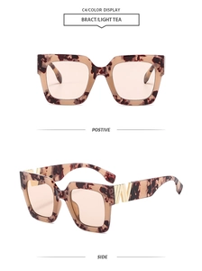 Detailed front and side views of square tortoiseshell sunglasses with light tea lenses