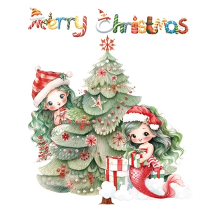 Christmas wall decal with cute mermaids, star-decorated tree and Merry Christmas text
