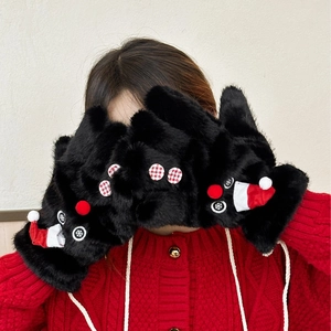 Thick black faux fur snowman mittens with red holiday accents and a neck hanging strap