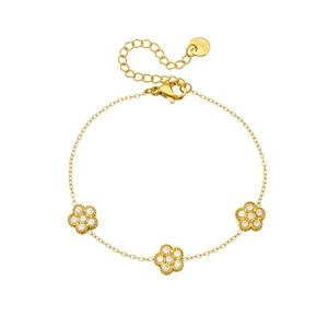Bracelet élégant en acier inoxydable doré avec trois pendentifs fleurs sertis de zircons