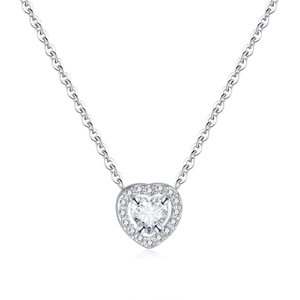 Silver stainless steel heart necklace featuring a central zircon and halo pendant