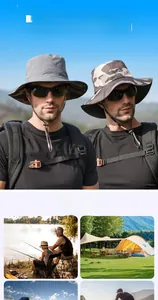 Detail of double-sided summer sun hat showing camouflage pattern and adjustable wind cord