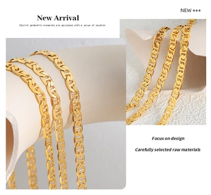 Detailed macro view of 18k gold plated mariner link chain with polished mirror finish