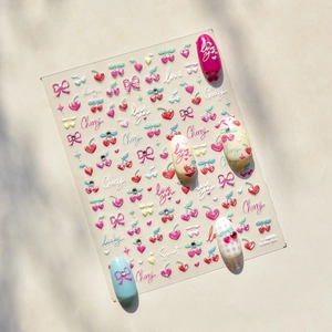 DIY cherry and bow nail art stickers set with colorful decorative motifs and pattern sheets