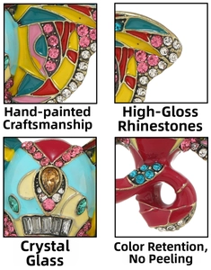 Detailed macro view of handcrafted enamel brooch with colorful rhinestones and crystals