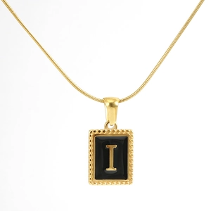 18K gold plated snake chain necklace with black enamel square letter I shell pendant