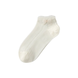 Milk white knit boat socks for women featuring elegant lace mesh bow and breathable pattern