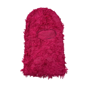 Detailed knit texture of hot pink distressed balaclava with fuzzy finish for winter