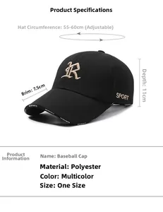 Detailed size specifications for black baseball cap with R embroidery and adjustable strap