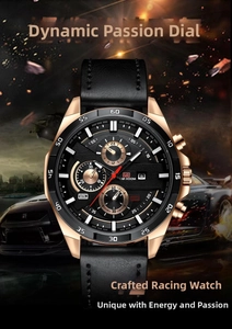 Detail of black and rose gold chronograph watch with leather strap and racing background