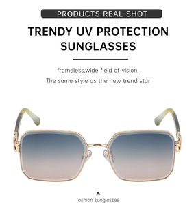 Detail of square metal frame sunglasses with blue pink gradient lenses and UV protection