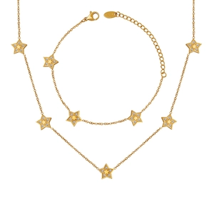 Elegant 18K gold star pendant necklace and bracelet set with sparkling zircon stones