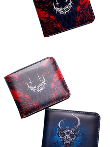 Three men's short wallets with punk skull and smiley prints in red, blue, and black