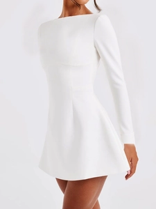 Elegant white long sleeve mini dress with princess seams and flared A-line skirt