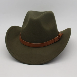 Olive green wide brim western cowboy hat with brown faux leather belt and metallic buckle