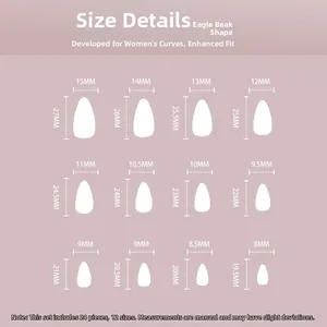 Size chart showing 24 eagle-shaped press-on nails in 12 sizes with precise measurements