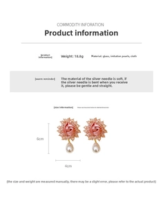 Detail view of 6x4cm pink fabric rose earrings with drop pearls and 18.8g weight