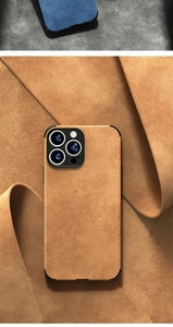 Close-up of premium brown faux leather phone case with soft suede texture for iPhone