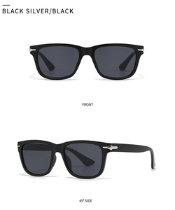 Front and 45-degree side views of black round sunglasses with silver accents and dark lenses