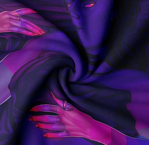 Close-up detail of high-quality fabric showing artistic purple illustration texture