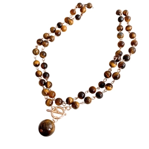 Double-layer tiger eye stone necklace with vintage brown beads and golden T-bar clasp