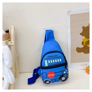 Detail view of a blue cartoon school bus chest bag for kids with adjustable strap
