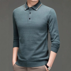 Herren Business Casual Strick Polo Pullover Acryl Polyester Wollmischung Einfarbig Revers Langarm Slim Fit Top