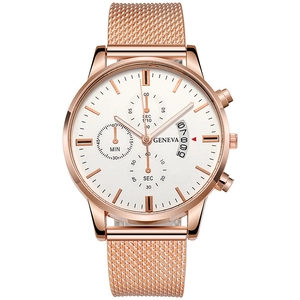 Detail of rose gold mesh strap and white dial with date display for Geneva men's watch