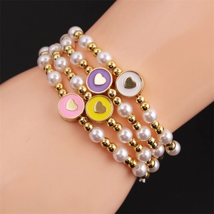 Beaded Bracelet Copper Gold Plated Beads Imitation Artificial Pearl Heart Pendant Elastic Fashion Elegant Jewelry For Women