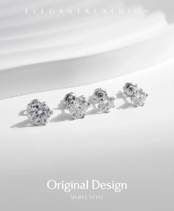 Elegant six-prong moissanite stud earrings in S925 sterling silver across various sizes