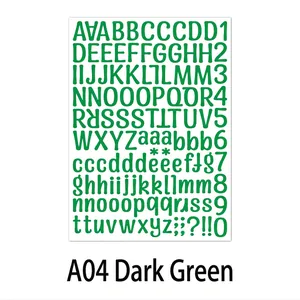 Detail of 1-inch dark green vinyl waterproof alphabet and number stickers on white background