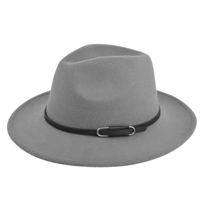 Detail of gray wool fedora hat featuring black leather band and silver metal buckle