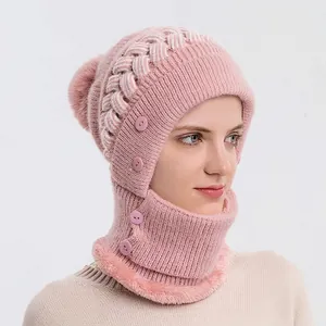 Rosa Strickmütze mit Schal für Damen, warmes Fleecefutter und Pompom-Detail