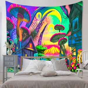 Close-up of surreal psychedelic mushroom tapestry with vibrant fluorescent colors and house