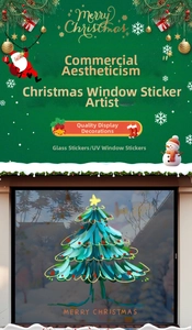 Detail of Christmas tree window decal with Merry Christmas text for glass decor