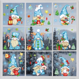 Christmas window stickers set featuring nine blue gnome designs with snowflakes and gifts