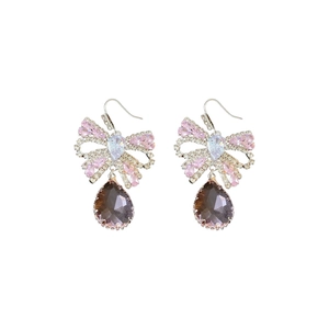 Luxury bow-knot drop earrings with pink zircons and deep purple water-drop crystals