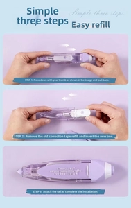 Three-step tutorial showing how to replace the 6m PET refill core in the purple correction tape